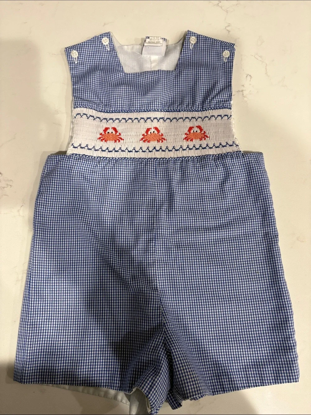 Blue Gingham Smocked Crab Baby One-Piece Romper